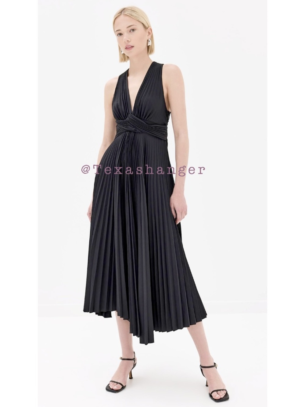 A,L,C, NWT Everly Pleated Plunge-Neck Midi Dress Size 6 Black